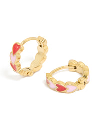 Showcasing waterproof heart huggie earrings crafted from gold plated stainless steel with red and pink enamel in Huggie closure front view - link has visual effect only
