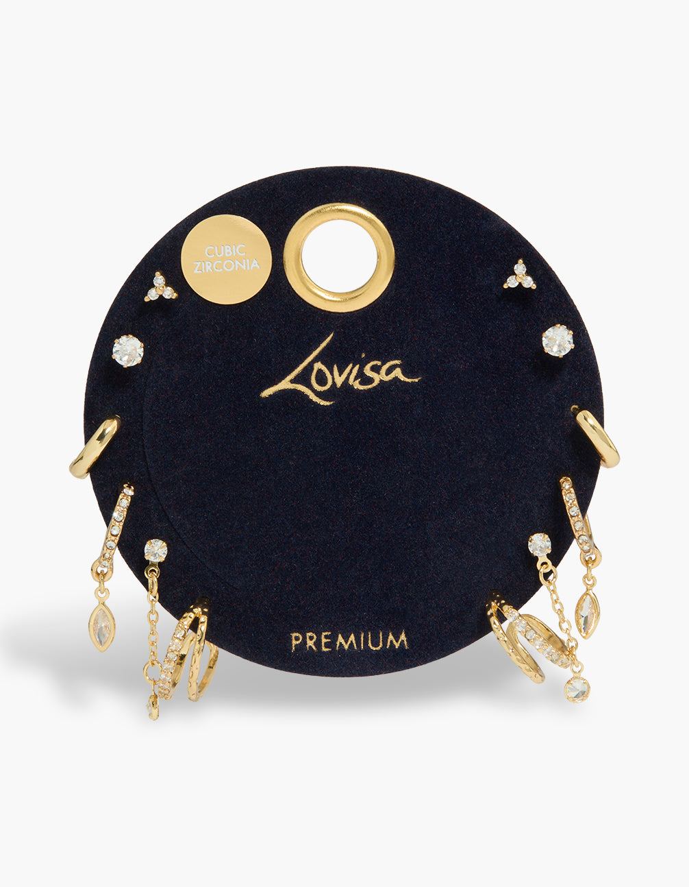 Featuring gold plated cubic zirconia bezel chain earrings 6-pack with crystal close up view