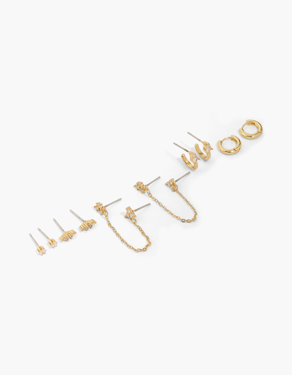 Showcasing a gold plated cubic zirconia multi shape cut earrings 6-pack with stud closure front view
