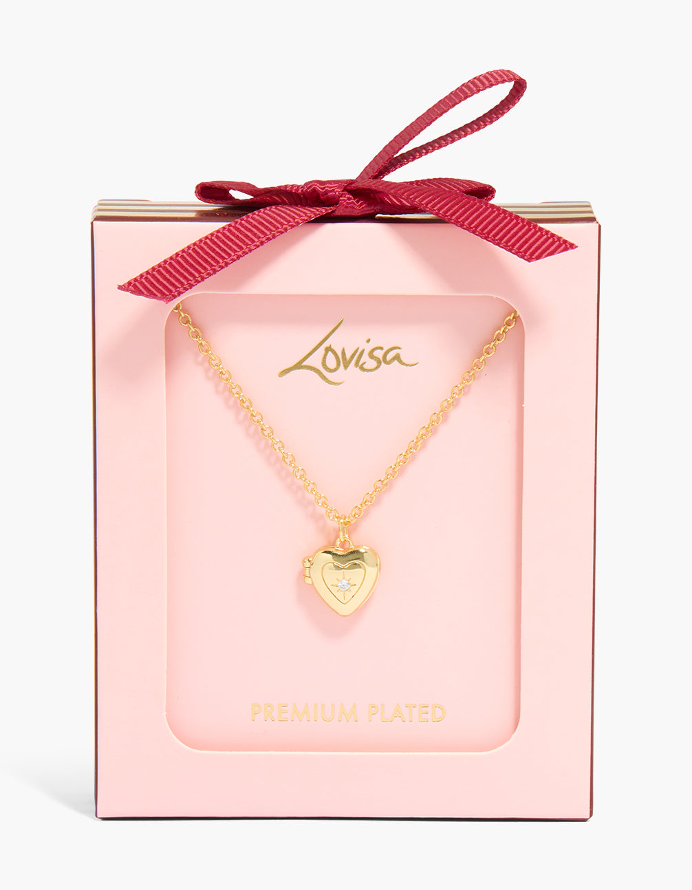 Showcasing a gold plated heart locket necklace featuring cubic zirconia with star pendant in shown in a packaging close up view