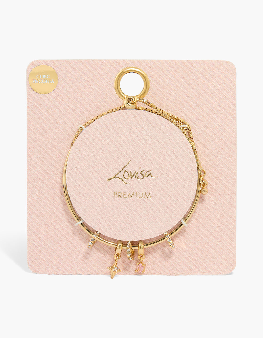 Showcasing a gold plated small cubic zirconia star bracelet with celestial charm details, crystal accents, and oval stone in light pink close up view