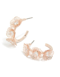 Beautifully crafted rose gold plated laser cut flowers hoop earrings with floral design front view - link has visual effect only