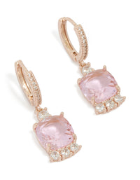 Presenting square statement huggie earrings crafted from rose gold plated material with pink cubic zirconia and crystal details front view - link has visual effect only