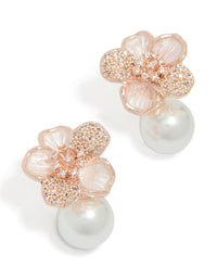 Elegant drop earrings featuring floral design with pearl and cubic zirconia in rose gold plated finish front view - link has visual effect only