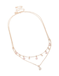 Beautifully designed layered necklace with charm featuring pear stone pink and clear cubic zirconia in rose gold plated finish front view - link has visual effect only