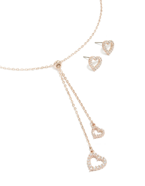 Rose Gold Plated Pave Open Heart Earring & Necklace Set