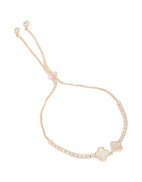 Showcasing a rose gold plated double flower toggle bracelet with cubic zirconia charm featuring floral details front view - link has visual effect only