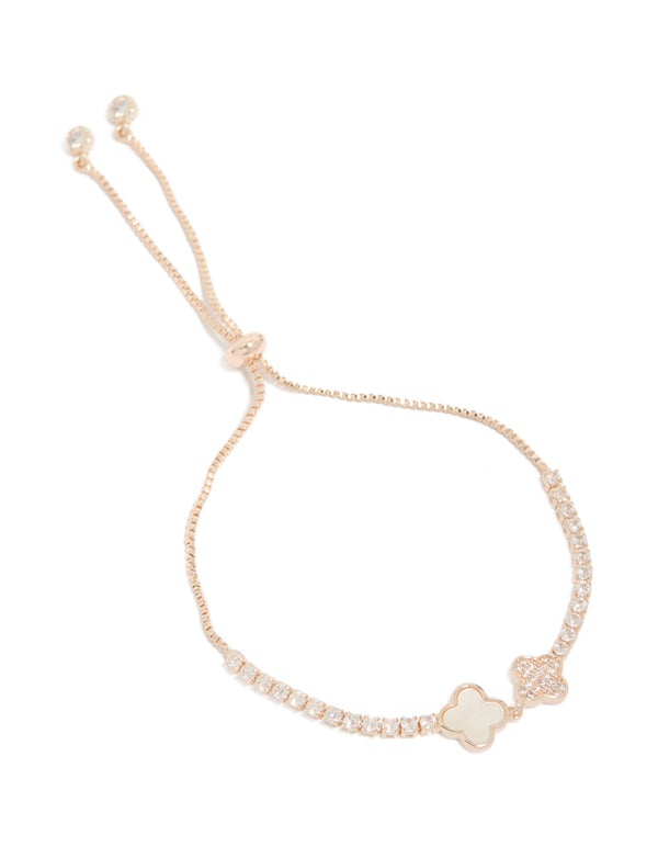 Showcasing a rose gold plated double flower toggle bracelet with cubic zirconia charm featuring floral details front view
