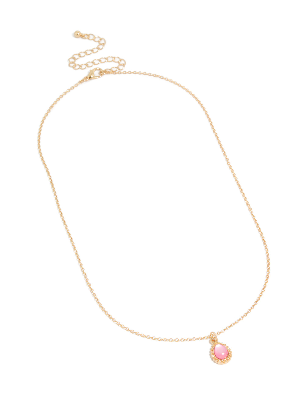 Featuring a simple teardrop pendant necklace in gold with pink front view