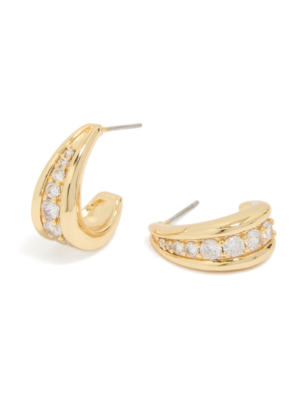 Beautifully crafted drop shaped hoop earrings in gold plated finish featuring cubic zirconia front view