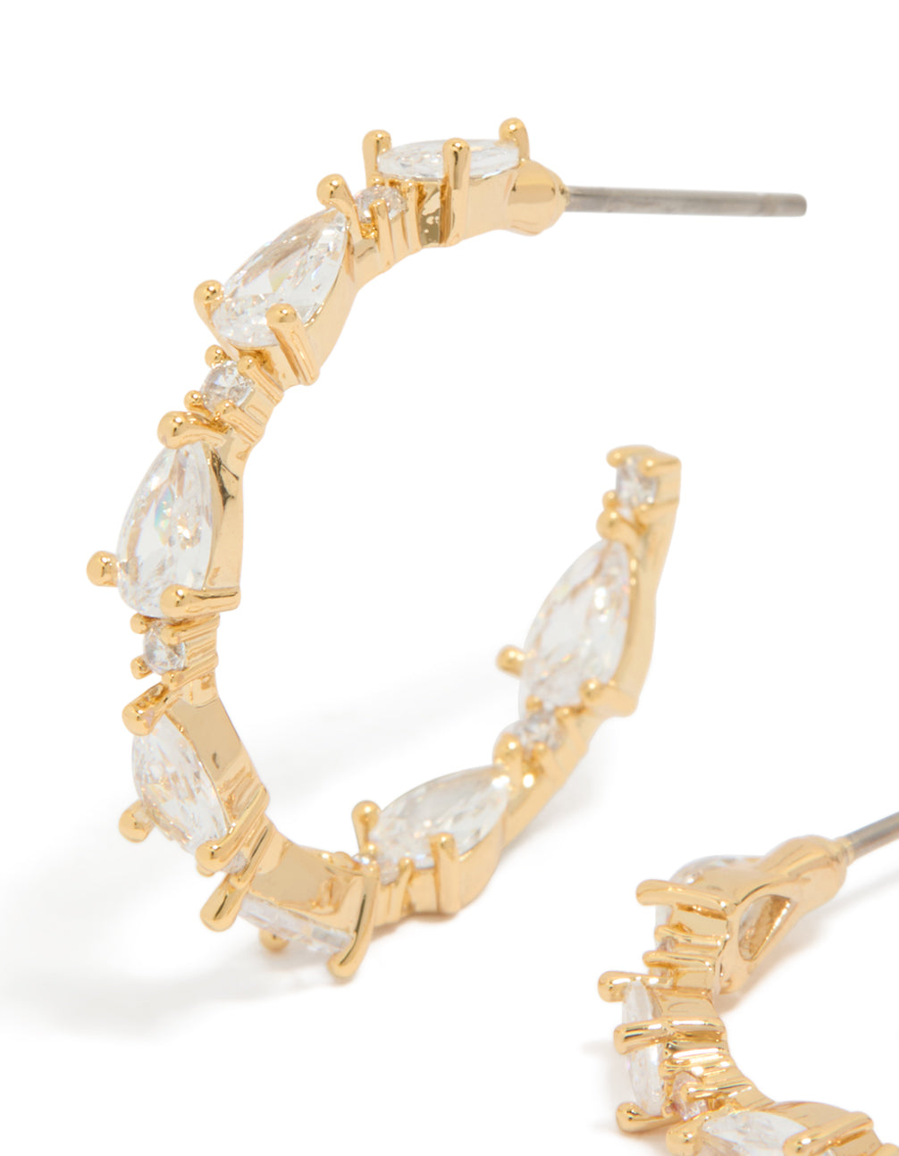 Exquisite medium open hoop earrings with teardrop cubic zirconia in gold plated close up view