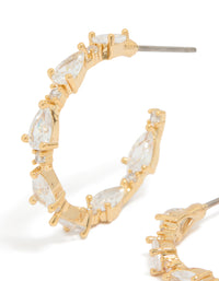 Featuring teardrop medium open hoop earrings in gold plated finish with cubic zirconia close up view - link has visual effect only