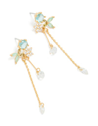 Featuring gold plated aqua blue cubic zirconia butterfly stud chain drop earrings with in clear front view - link has visual effect only