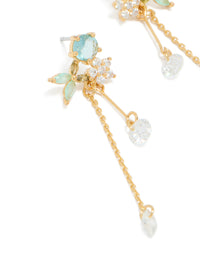 Showcasing gold plated aqua blue cubic zirconia butterfly stud chain drop earrings with charm in clear close up view - link has visual effect only