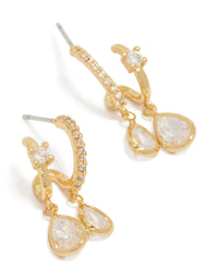 Showcasing gold plated cubic zirconia double drop open hoop stud earrings front view - link has visual effect only