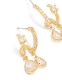 Elegant gold plated cubic zirconia double drop open hoop stud earrings close up view - link has visual effect only