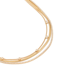 Beautifully crafted gold plated cubic zirconia tennis snake chain triple layered necklace close up view - link has visual effect only