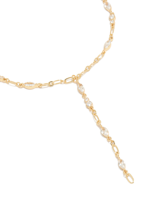 Beautifully crafted gold plated cubic zirconia bezel chain Y-necklace close up view