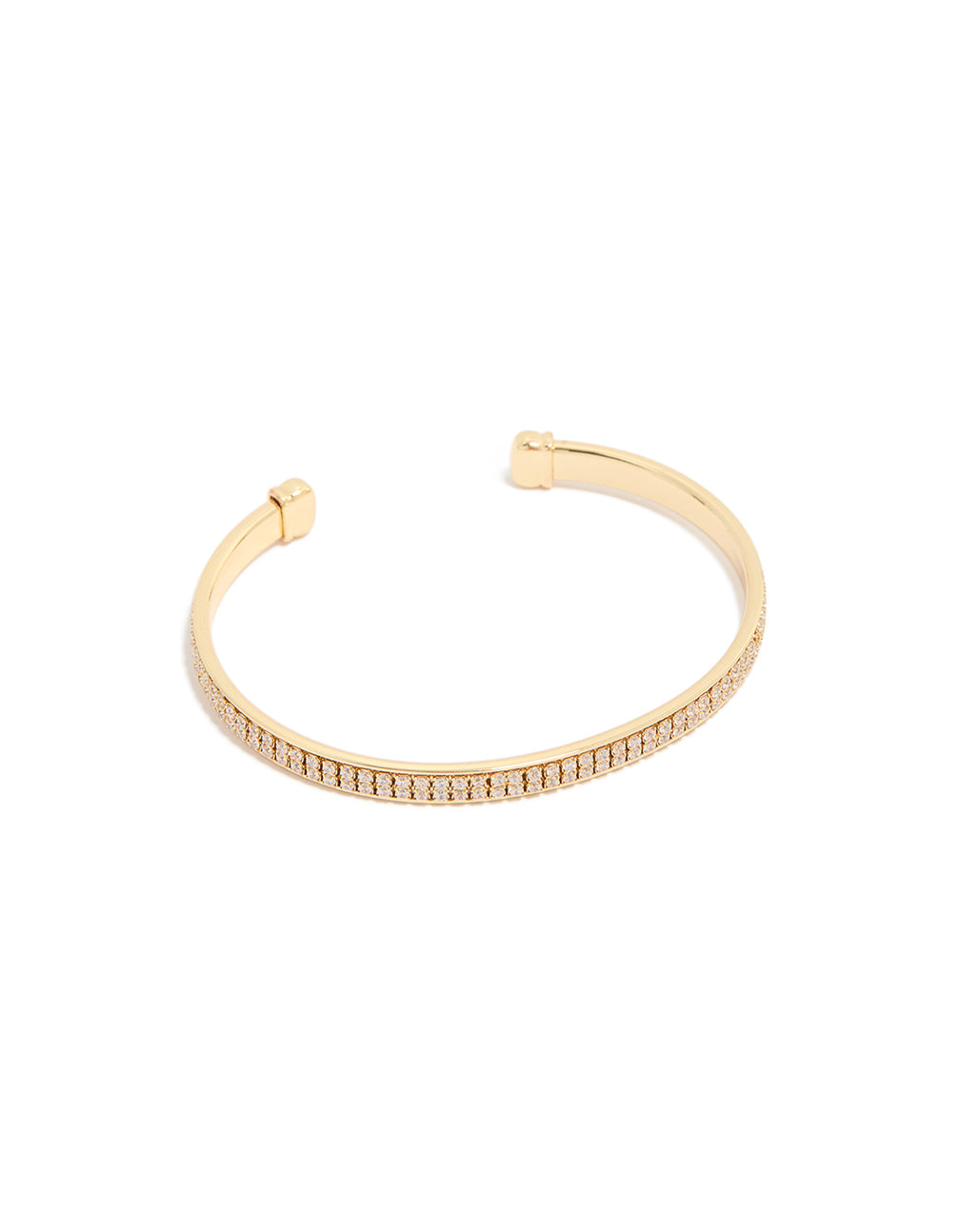 Featuring a gold plated cubic zirconia flat bezel set wrist cuff front view