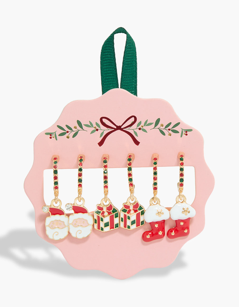 Festive Gold Santa & Present Studs 3-Pack featuring bow designs Cubic Zirconia in red green white front view