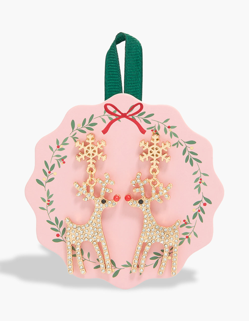 Showcasing gold diamante red nosed reindeer drop earrings featuring animal and snowflake details front view