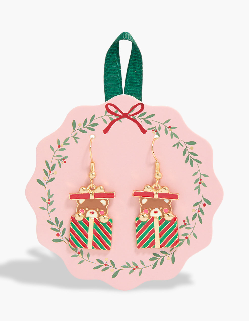 Showcasing gold bear present earrings with animal, bow accent, and striped pattern in red and green front view