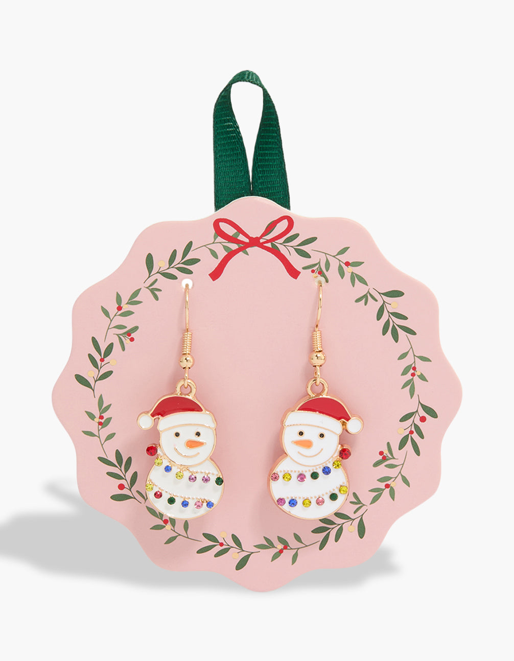 Discover gold snowman wearing santa cap and lights earrings front view