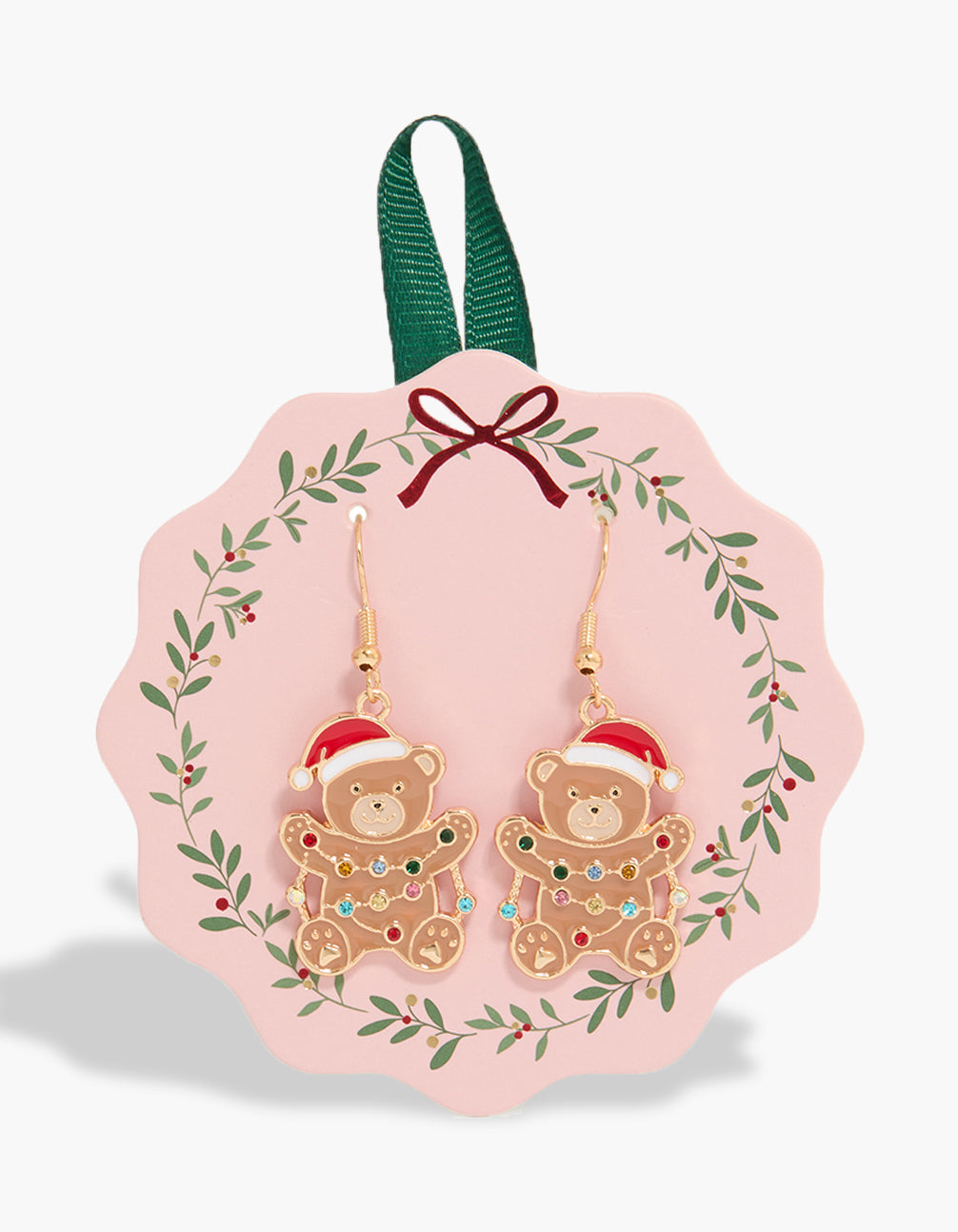 Showcasing gold Santa hat bear wrapped light earrings featuring animal design in tan, red, and white front view