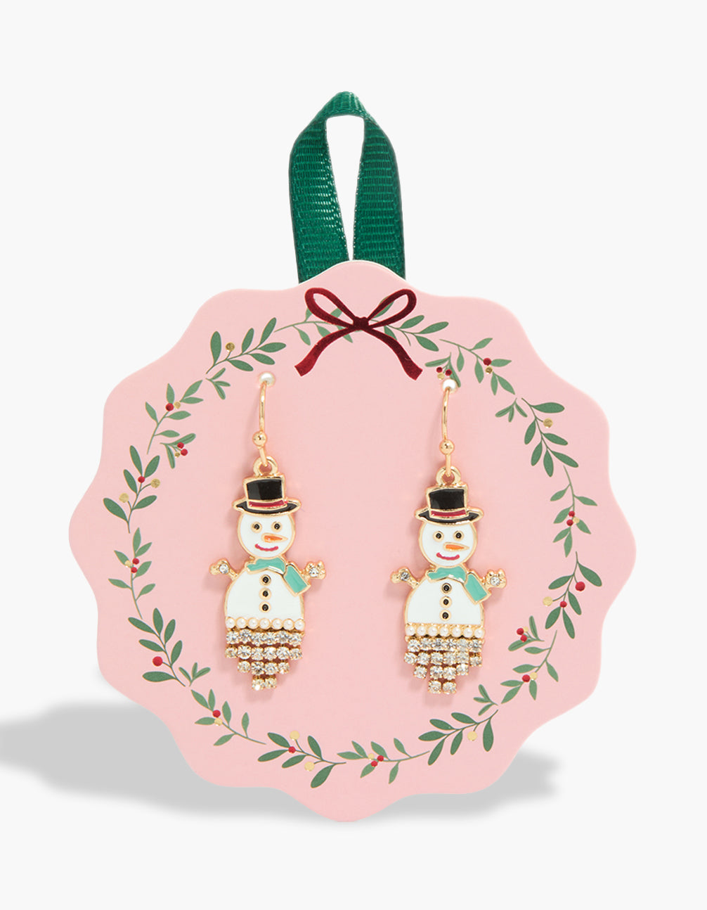 Charming gold diamante snowman drop earrings featuring festive detail in white and teal front view