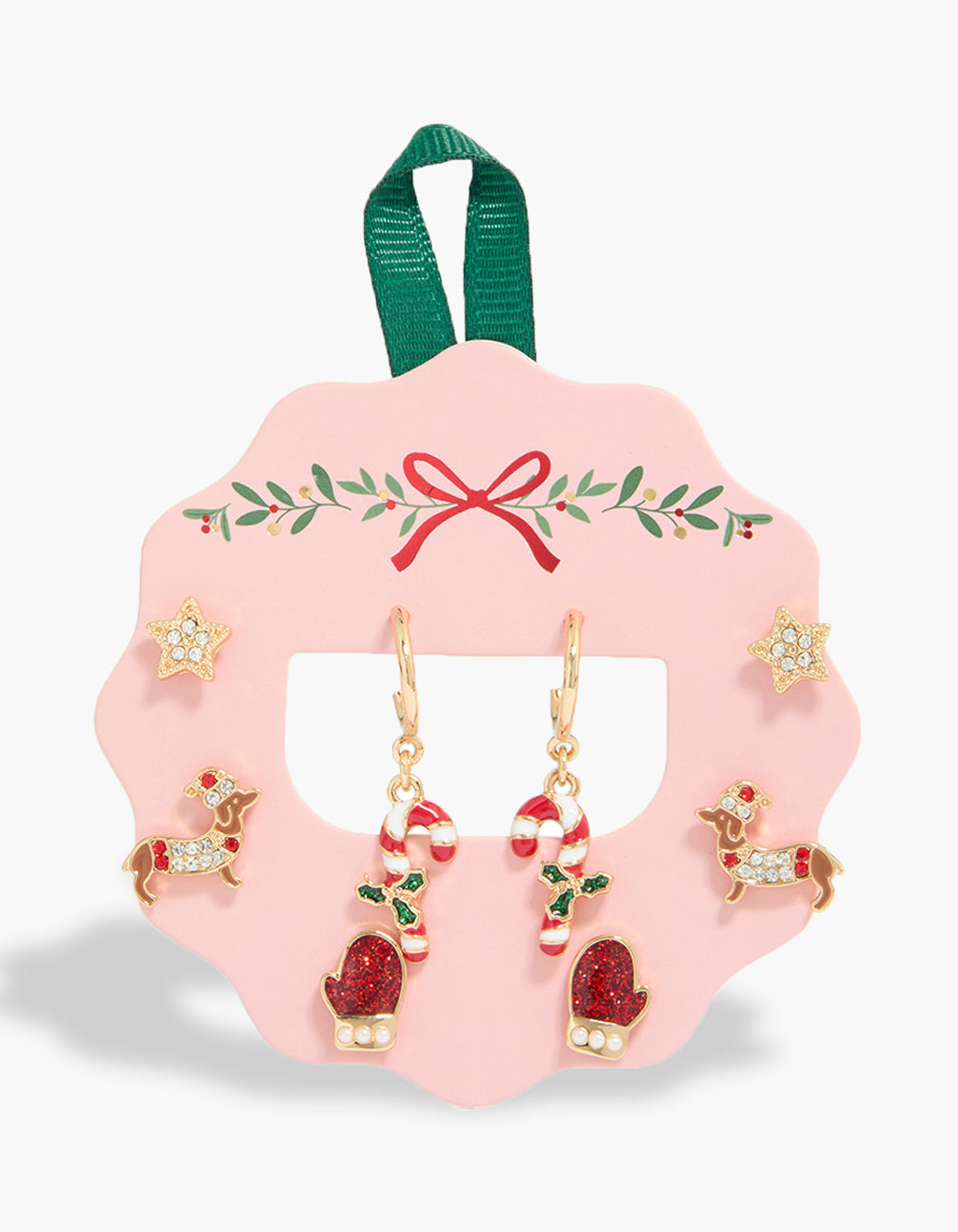 Discover this statement stud and hoop earrings 4-pack featuring animal sausage dog, bow, food candy cane, glitter mittens with pearl and star details in gold, red, white, and green with clear stone front view