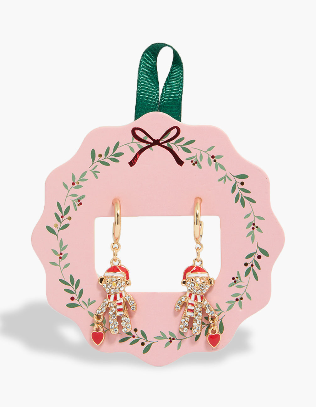 Gold Bear Scarf Earrings featuring animal with striped pattern and heart detail in crimson, red, and white front view