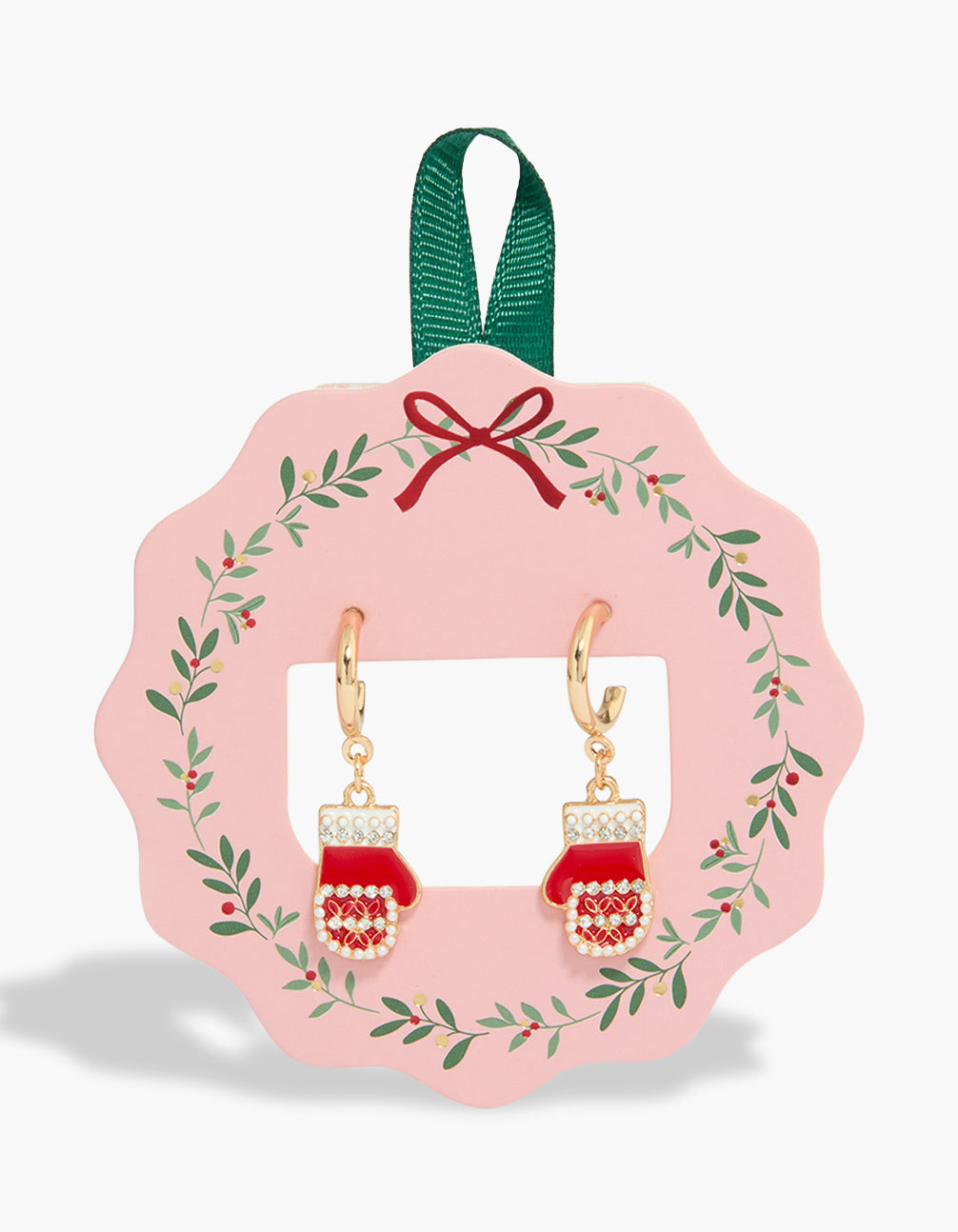 Featuring gold red mitten huggie earrings with pearl in chunky style front view
