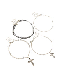 Featuring beaded cross and pearl necklaces in silver and black front view - link has visual effect only
