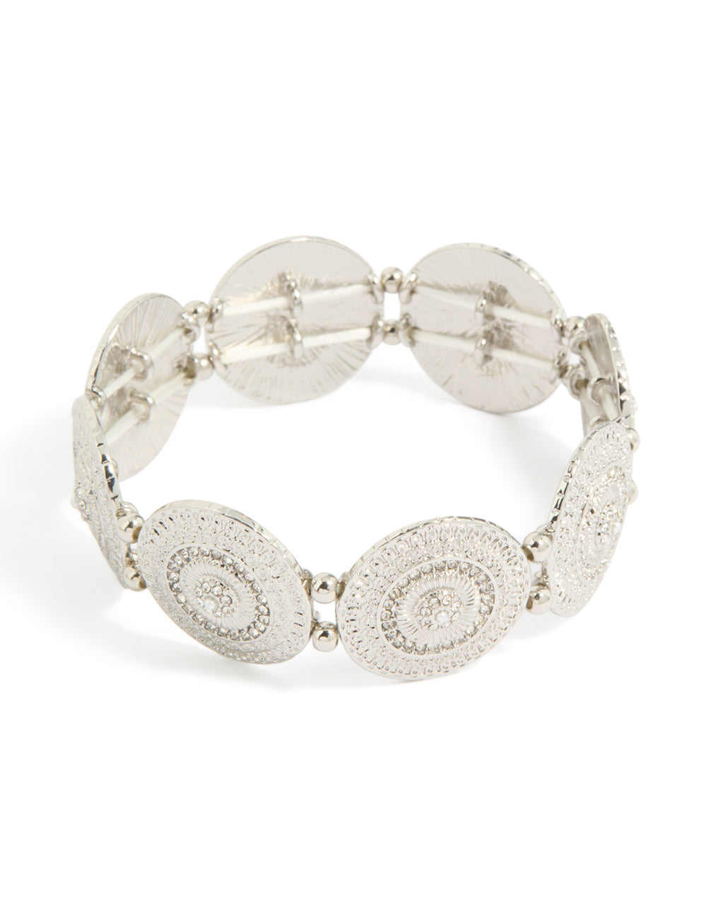 Featuring a diamante detailed discs stretch bracelet in silver front view