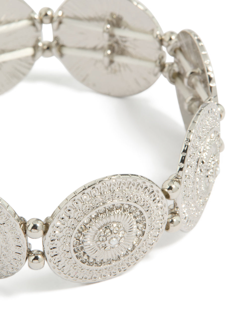 Crafted from diamante detailed discs stretch bracelet in silver close up view