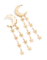 Crafted from gold metal, these crescent moon and star drop earrings feature celestial charm details with pearl beads and white accents front view - link has visual effect only