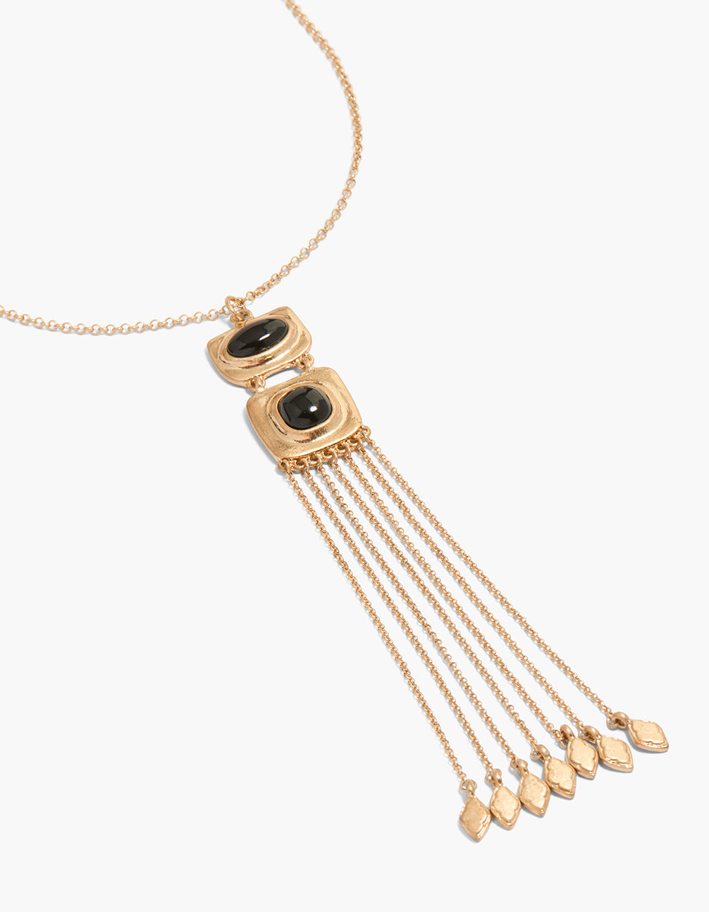 Discover this boho multi tassel necklace in gold with statement styling close up view
