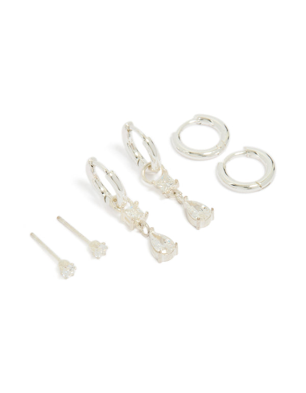Showcasing stainless steel cubic zirconia mixed drop hoop earrings in a 3-pack with crystal waterproof design and stud closure front view