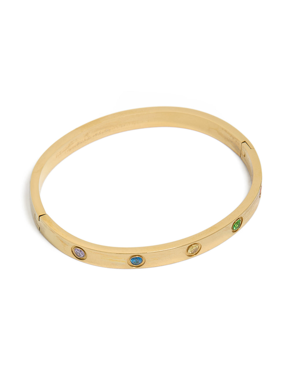 Showcasing a waterproof gold plated stainless steel bangle with floral inlay cubic zirconia front view