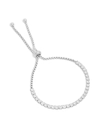 Showcasing a waterproof stainless steel cubic zirconia tennis toggle bracelet in silver and clear front view - link has visual effect only