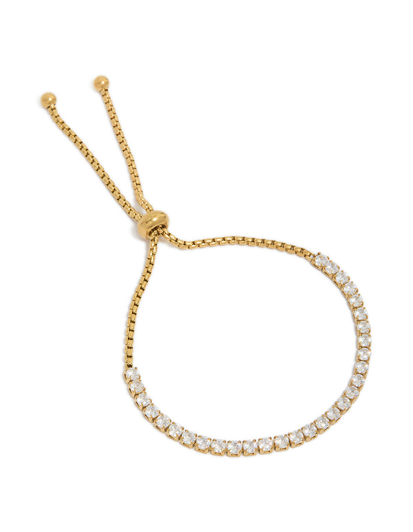 Showcasing a waterproof tennis toggle bracelet crafted from gold plated stainless steel featuring cubic zirconia front view