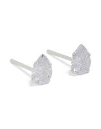 Elegantly crafted sterling silver cubic zirconia pear stud earrings with stone cut design in silver and clear front view - link has visual effect only