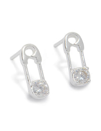 Showcasing statement stud earrings crafted from sterling silver with cubic zirconia in a safety pin design, front view - link has visual effect only