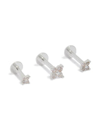 Crafted from sterling silver, this flower flat back stud earrings 3-pack with clear accents front view - link has visual effect only