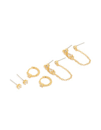 Explore this gold plated cubic zirconia bezel drop chain earrings 3-pack featuring stackable and statement style in stud and huggie closures front view - link has visual effect only