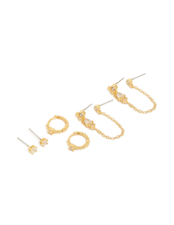 Explore this gold plated cubic zirconia bezel drop chain earrings 3-pack featuring stackable and statement style in stud and huggie closures front view
