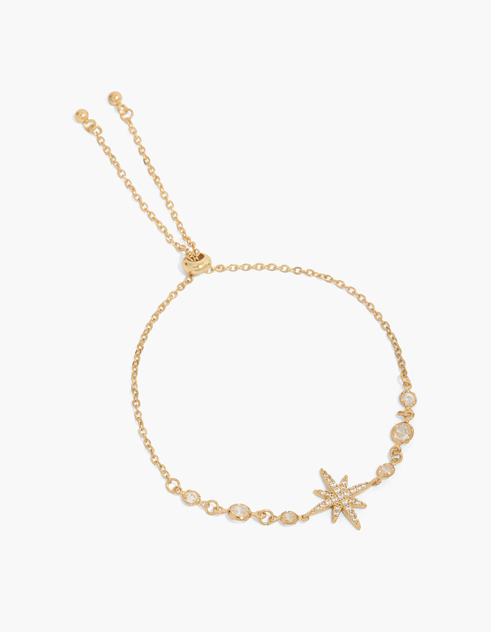 Showcasing a celestial bracelet with large star crafted from gold plated cubic zirconia front view