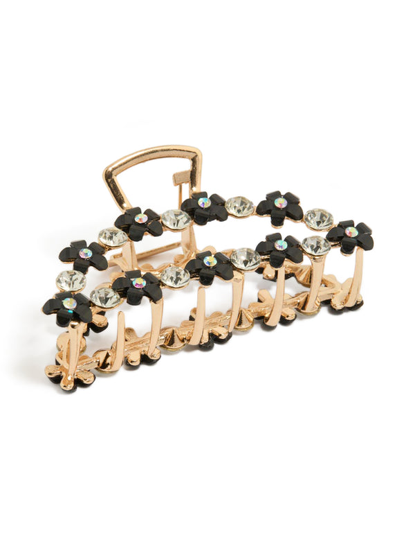 Gold Mixed Diamante Black Flowers Claw Clip