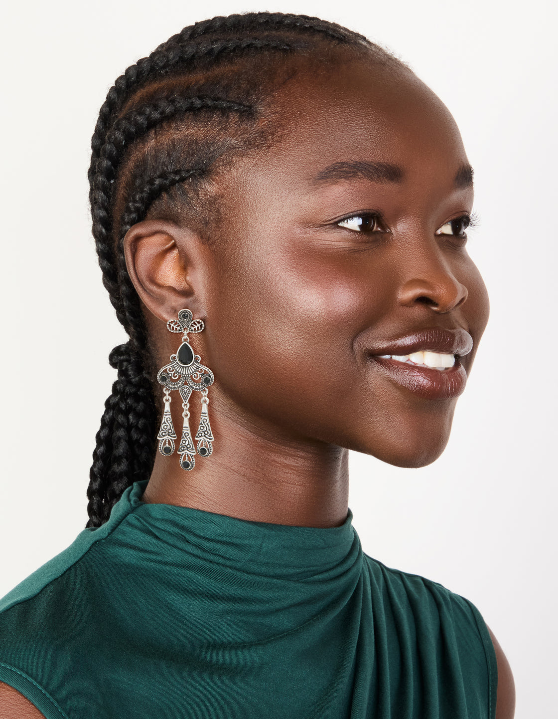 Designed with statement silver black diamante boho drop earrings on model view