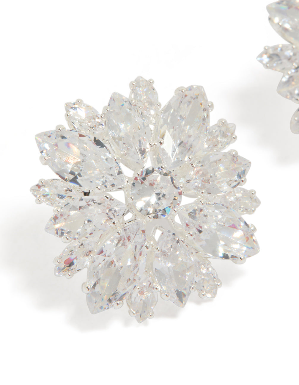 Exquisite silver plated cubic zirconia flower cluster stud earrings in clear showcasing intricate detail close up view